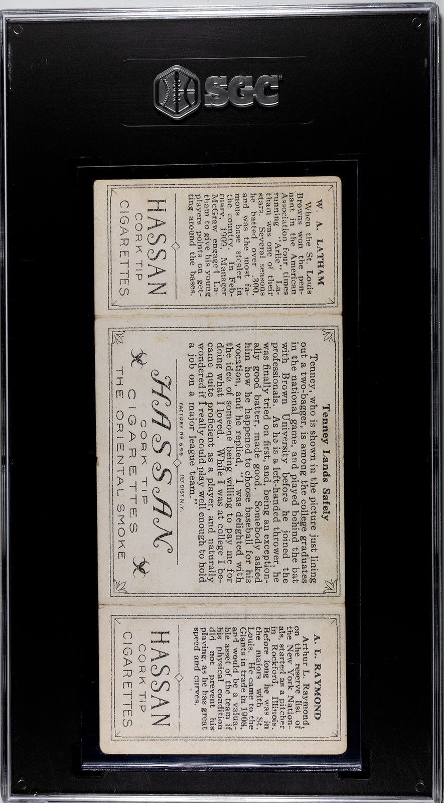 1912 T202 Hassan #114 W.A. Latham/Arthur Raymond "Tenney Lands Safely" - SGC 3