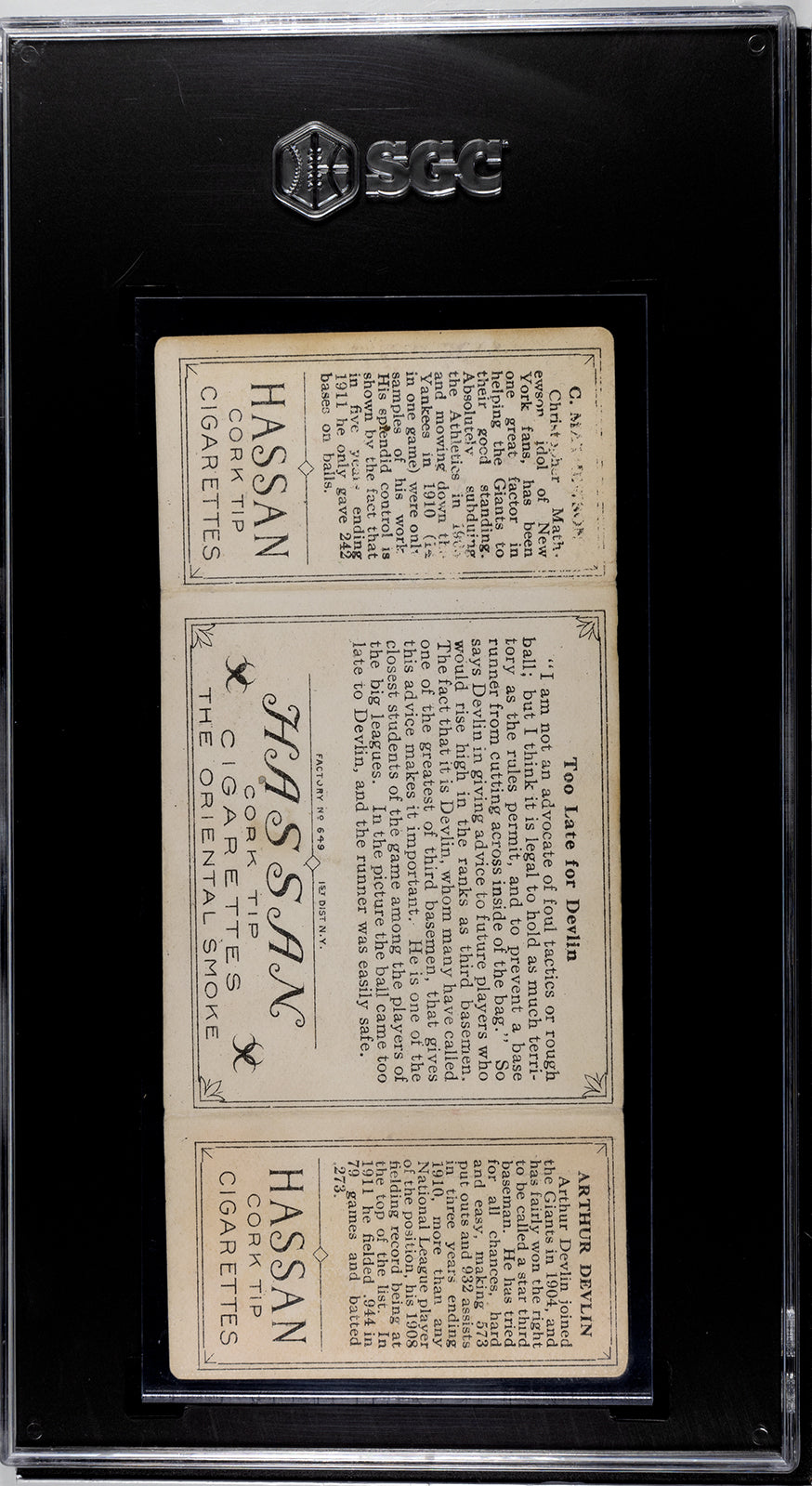 1912 T202 Hassan #126 Christy Mathewson/Arthur Devlin (Giants) "Too Late for Devlin" - SGC 1