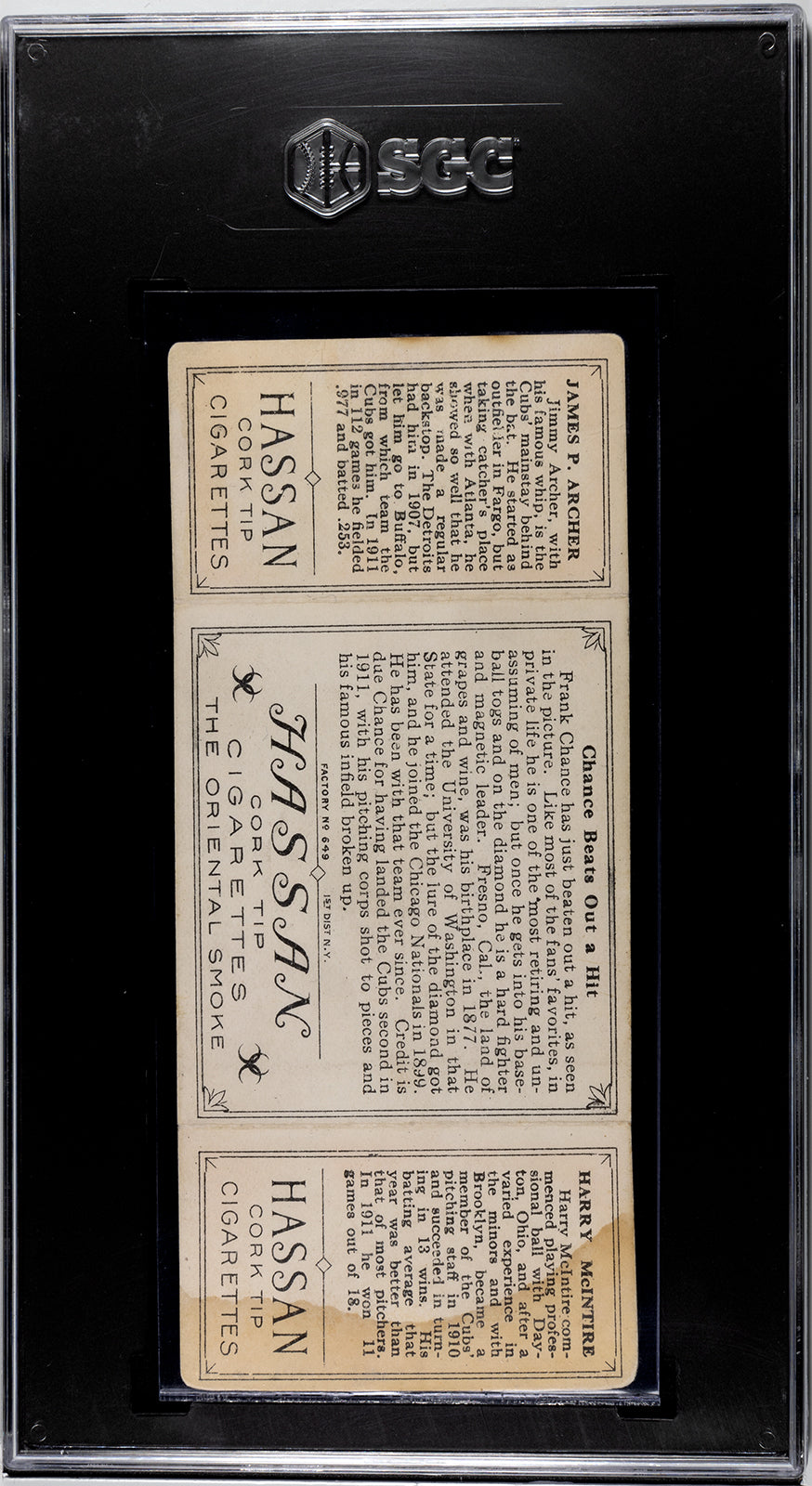 1912 T202 Hassan #17 James Archer/Harry McIntire "Chance Beats Out a Hit" - SGC 1.5