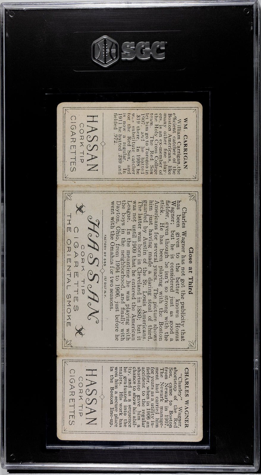 1912 T202 Hassan #37 Charles Wagner/William Carrigan "Close at Third" - SGC 2.5