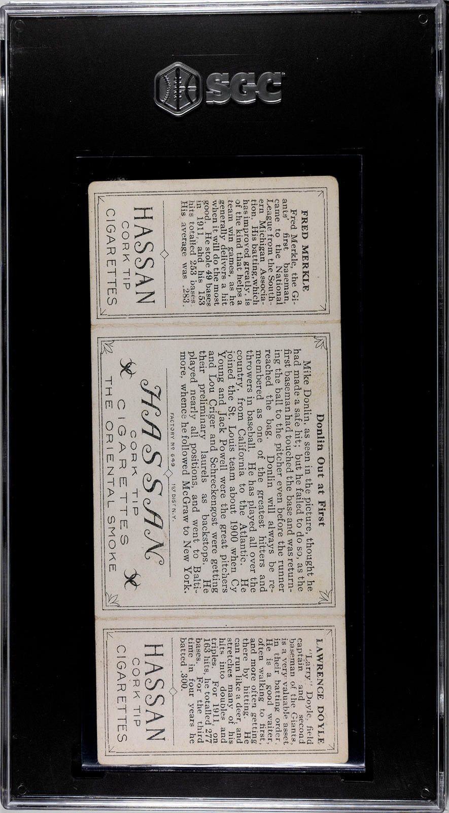 1912 T202 Hassan #49 Fred Merkle/Larry Doyle "Donlin Out at First" - SGC 4