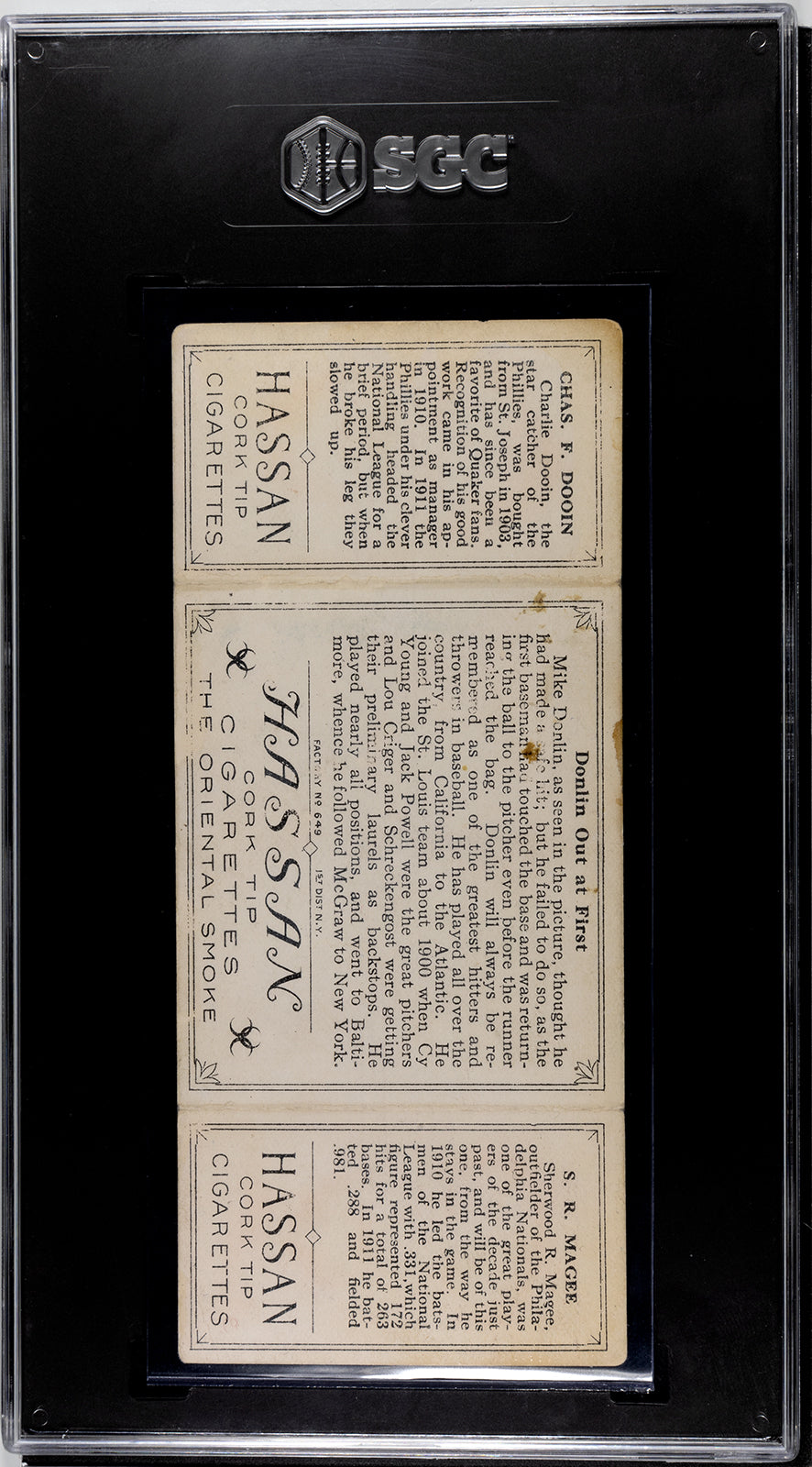 1912 T202 Hassan #51 Charlie Dooin/S.R. Magee "Donlin Out at First" - SGC 2.5
