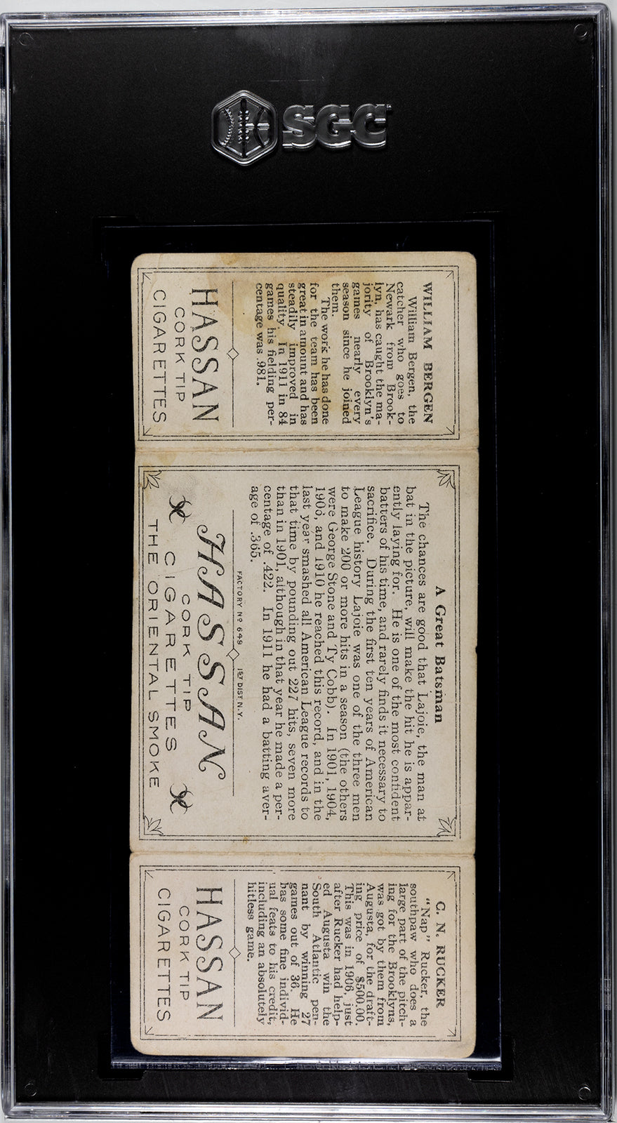 1912 T202 Hassan #5 Nap Rucker/William Bergen "A Great Batsman" (Nap Lajoie) - SGC 1.5
