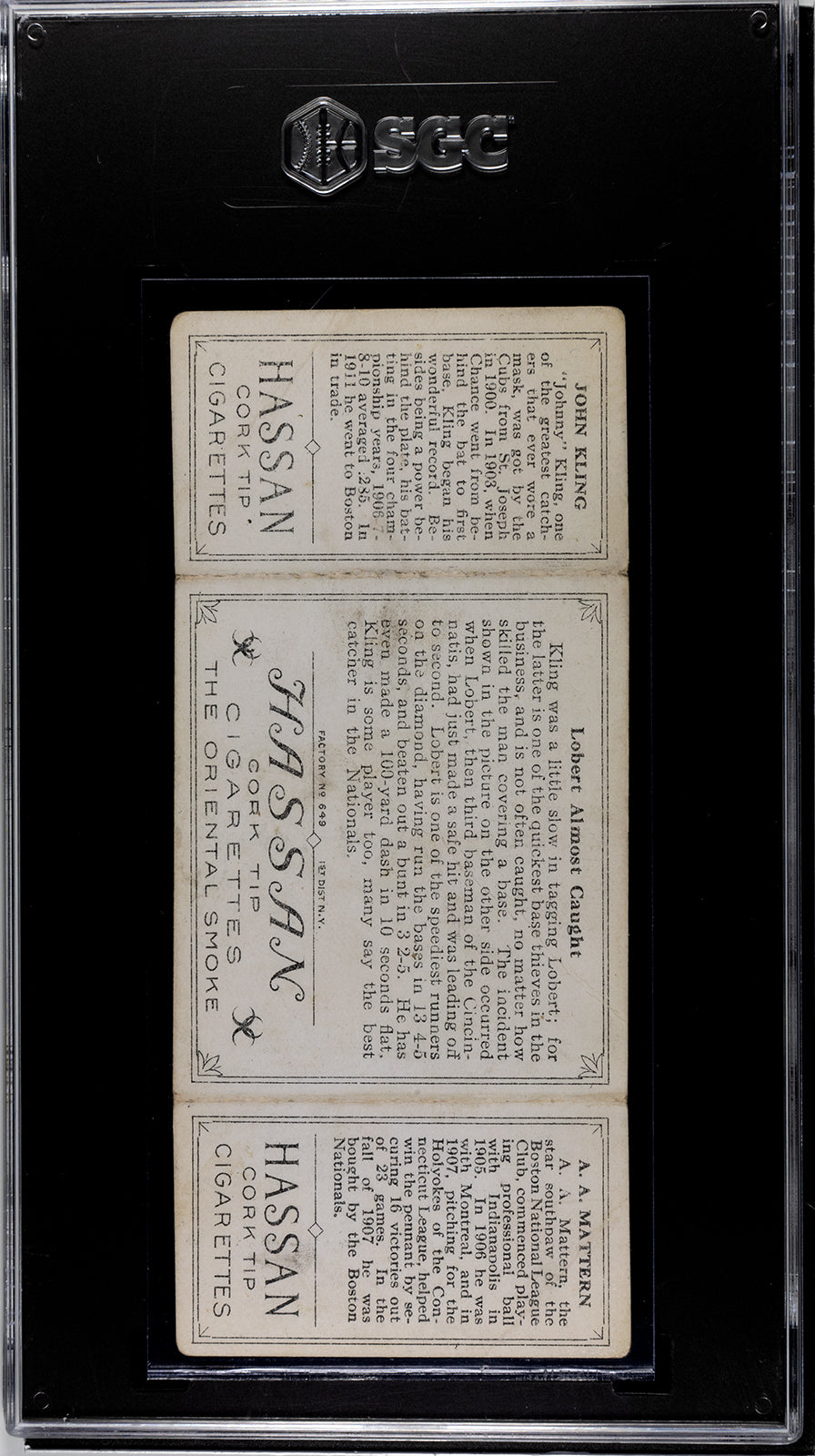 1912 T202 Hassan #91 John Kling/A.A. Mattern "Lobert Almost Caught" - SGC 2