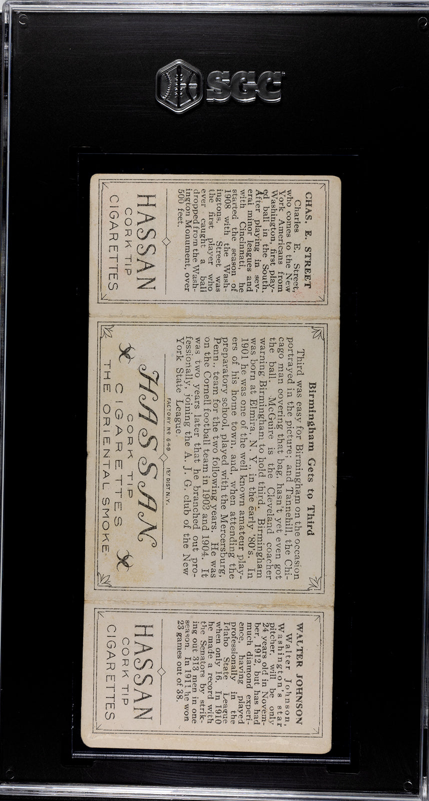 1912 T202 Hassan #9 Walter Johnson/Charles Street "Birmingham Gets to Third" - SGC 3