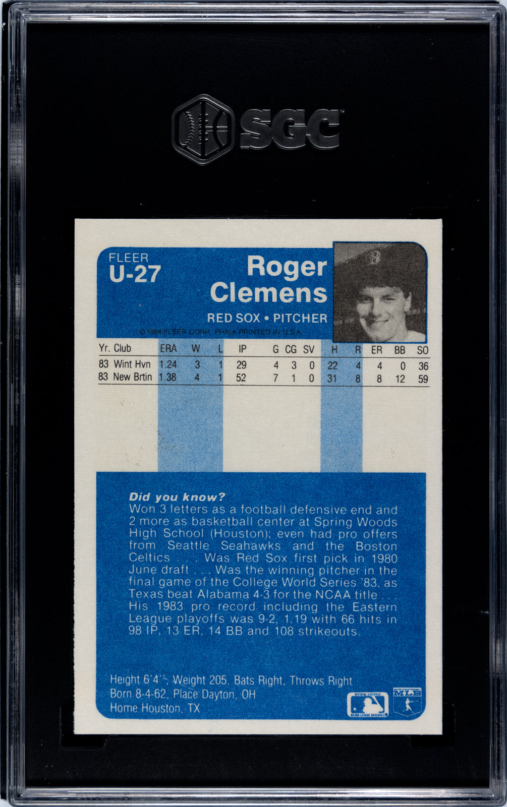 1984 Fleer Update #U27 Roger Clemens - SGC 8