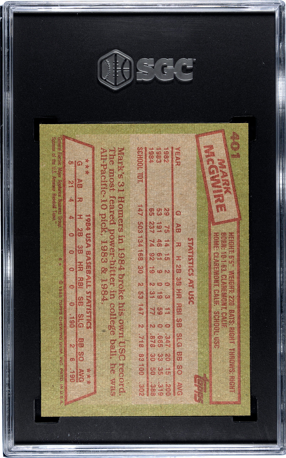 1985 Topps #401 Mark McGwire - SGC 7.5