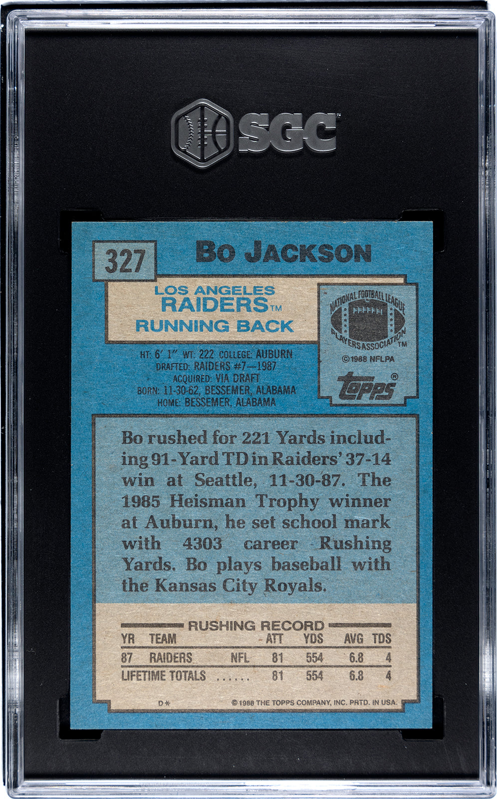 1988 Topps #327 Bo Jackson - SGC 8