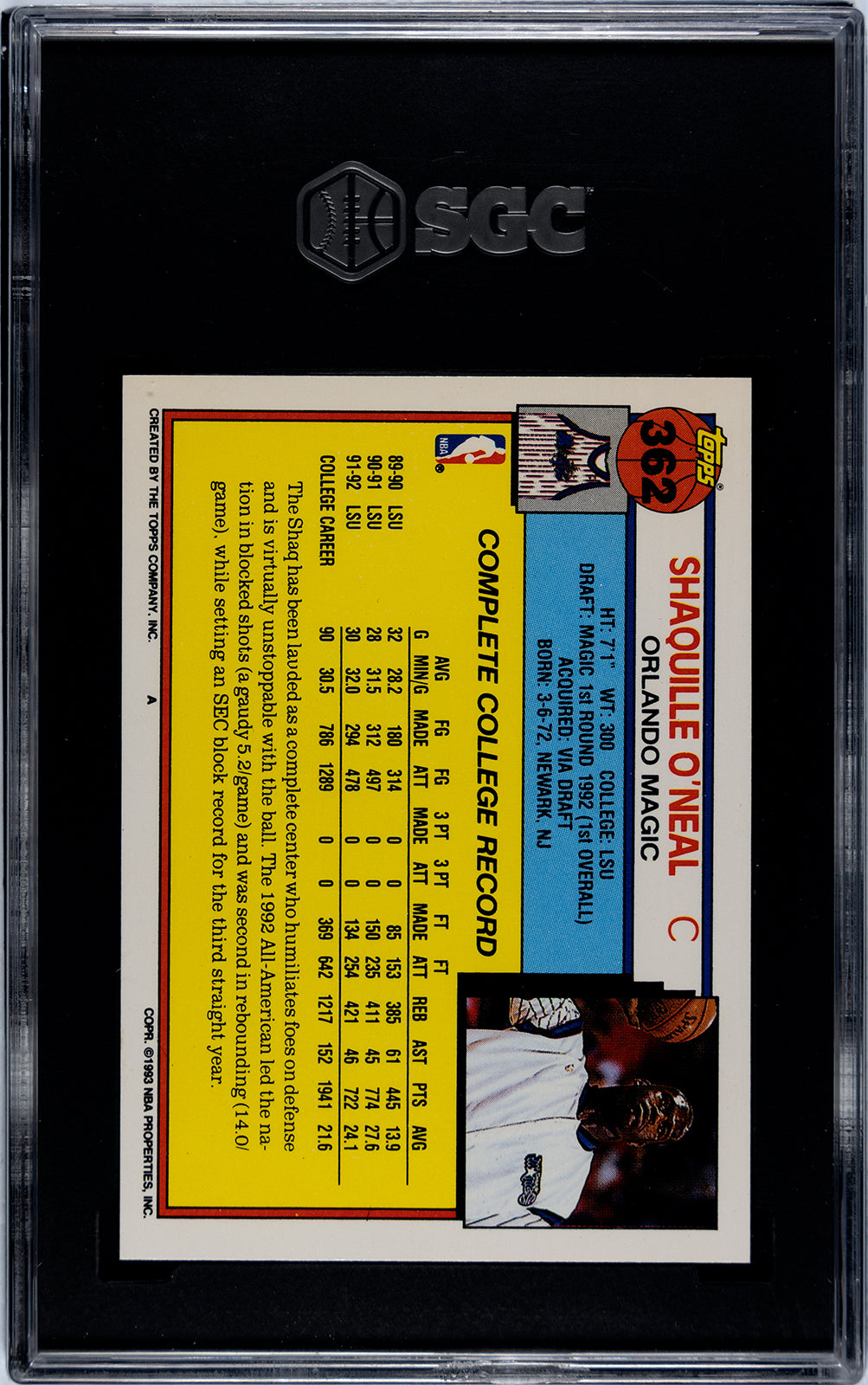 1992 Topps #362 Shaquille O'Neal - SGC 9