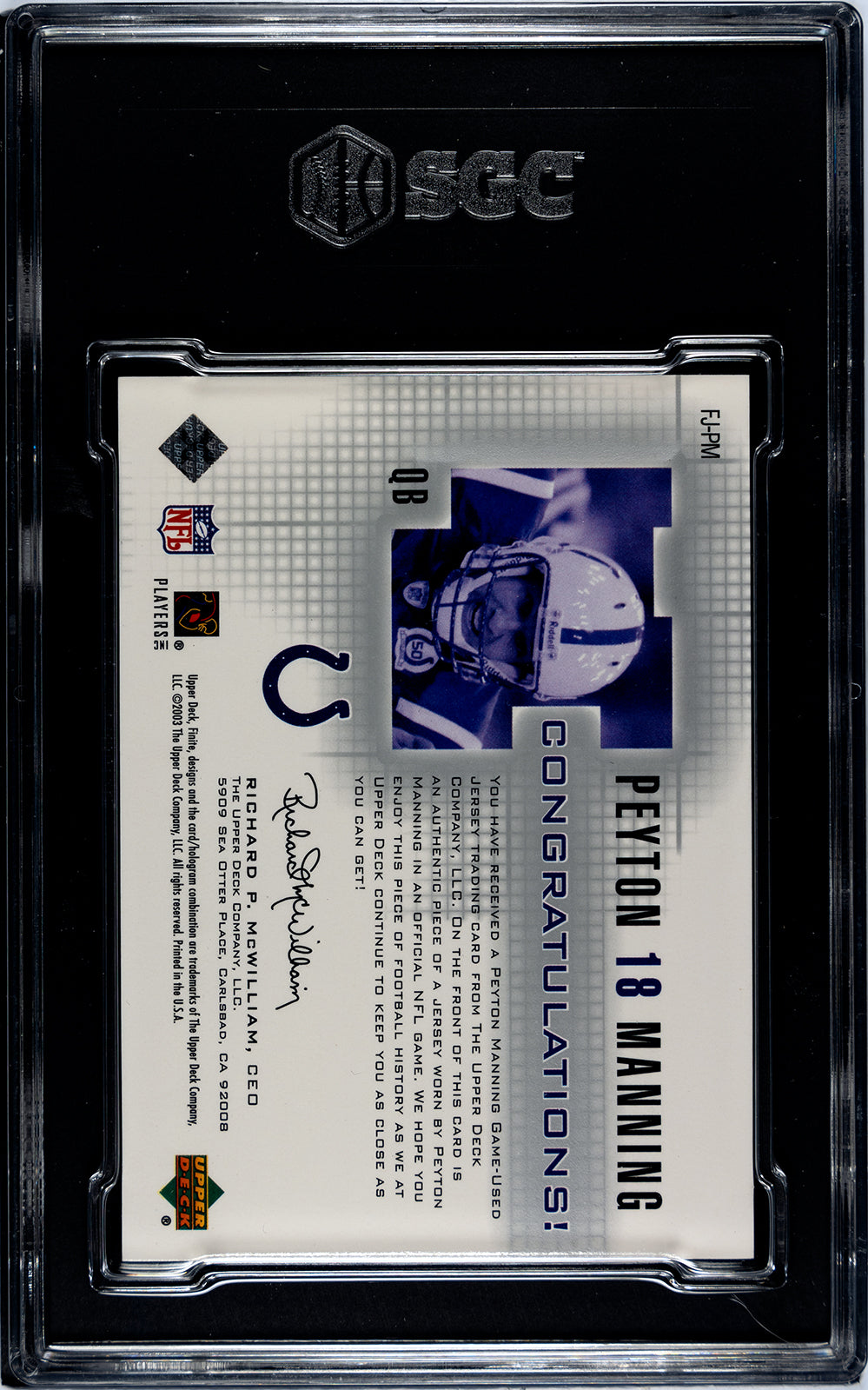2003 Upper Deck Finite #FJ-PM Peyton Manning Finite Jerseys - SGC 9.5