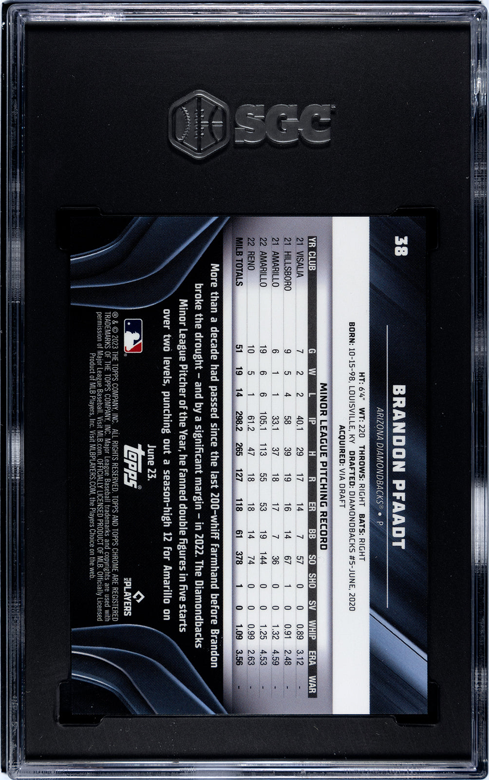 2023 Topps Chrome Black #38 Brandon Pfadt Blue Refractor 66/75 - SGC 10