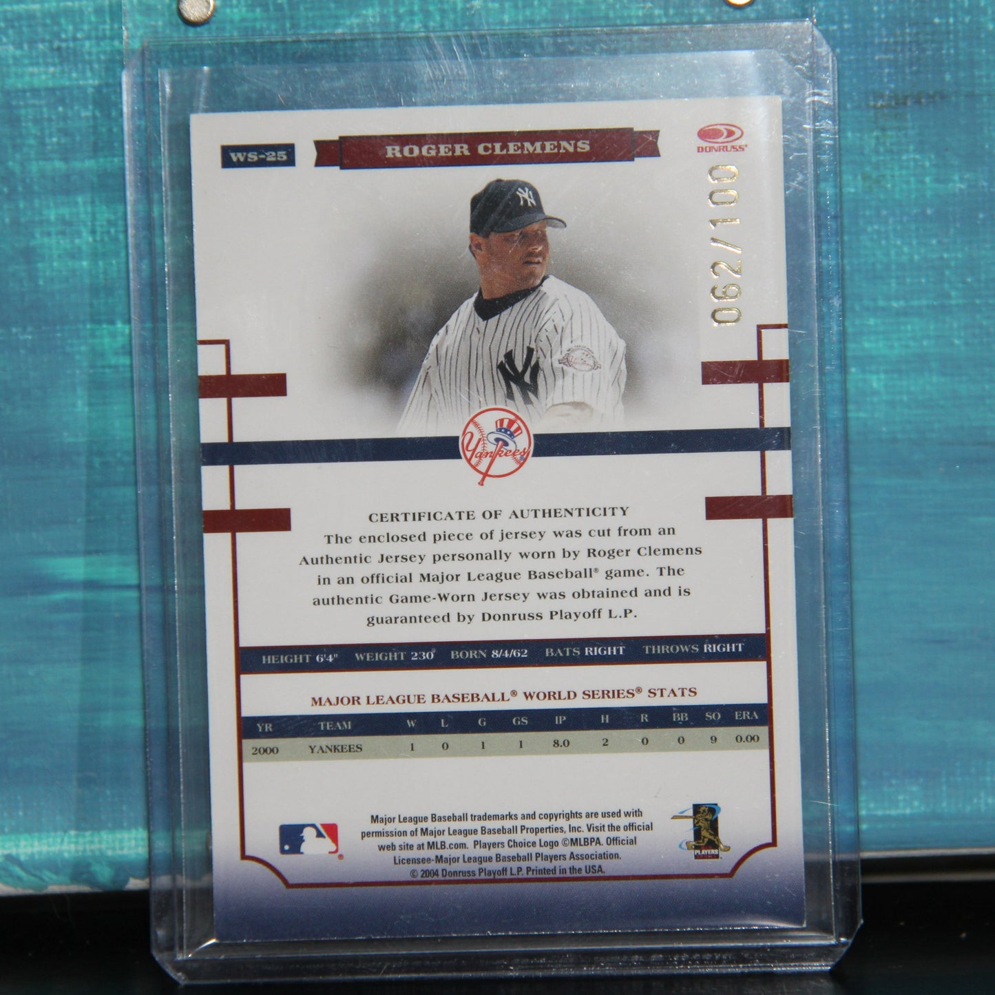 2004 Donruss Playoff #WS-25 Roger Clemens Yankees Game Used Patch 62/100