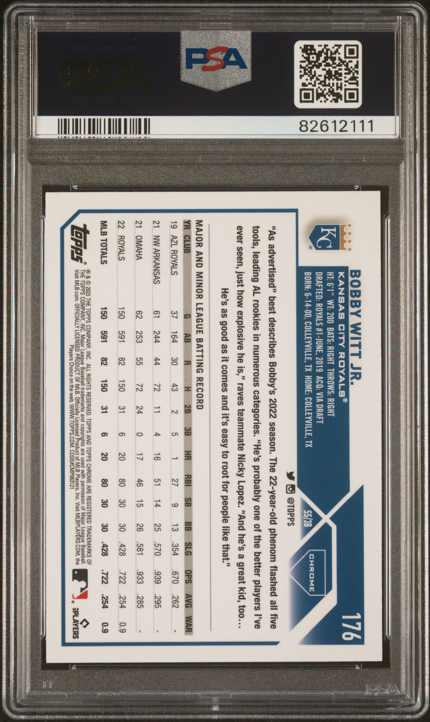 2023 Topps Chrome Bobby Witt Negative Refractor - PSA 10