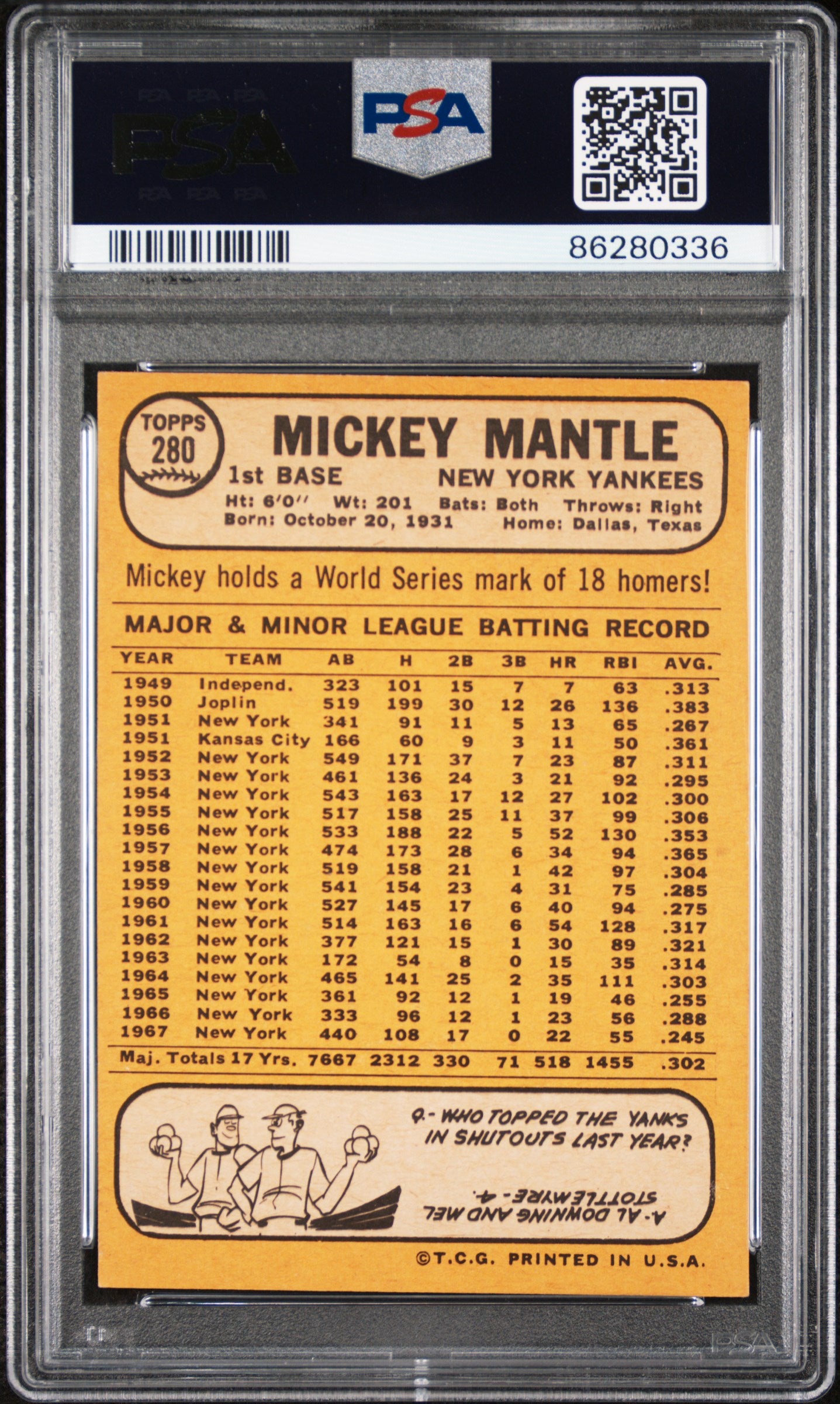1968 Topps #280 Mickey Mantle - PSA 4.5