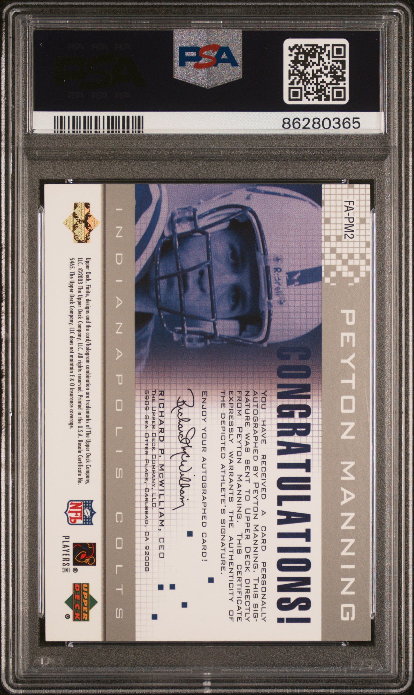2003 Upper Deck Finite Autographs #FA-PM2 Peyton Manning - PSA 8