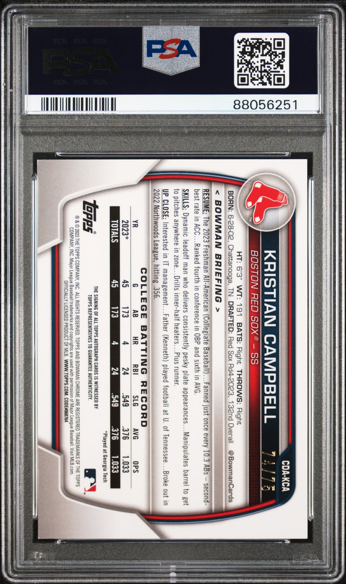 2023 Bowman Draft Chrome Prospect Auto #CDAKCA Kristian Campbell 74/75 - PSA 9