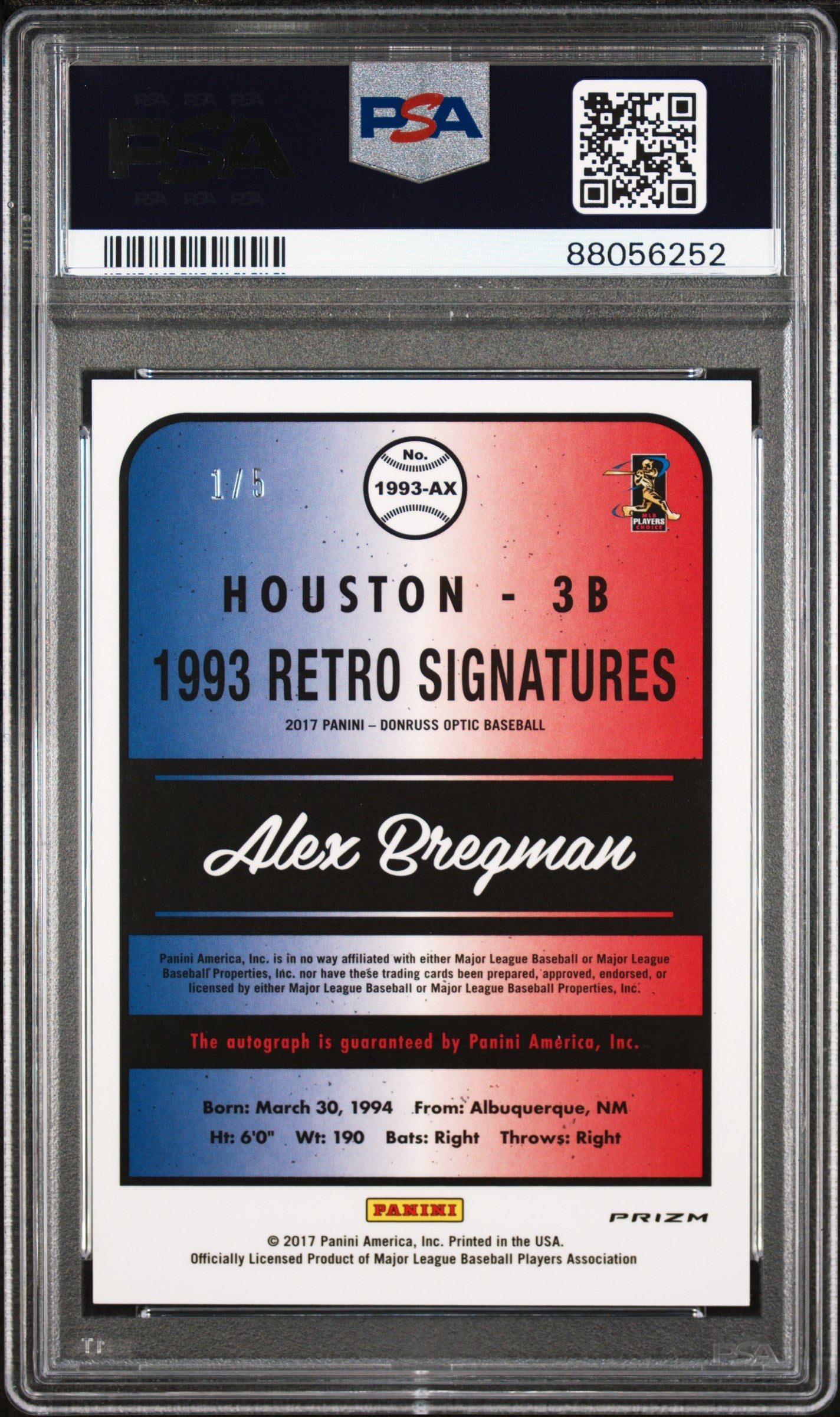 2017 Panini Donruss Optic #AX Alex Bregman Rated Rookie '93 Retro Signatures Green 1/5 - PSA 9