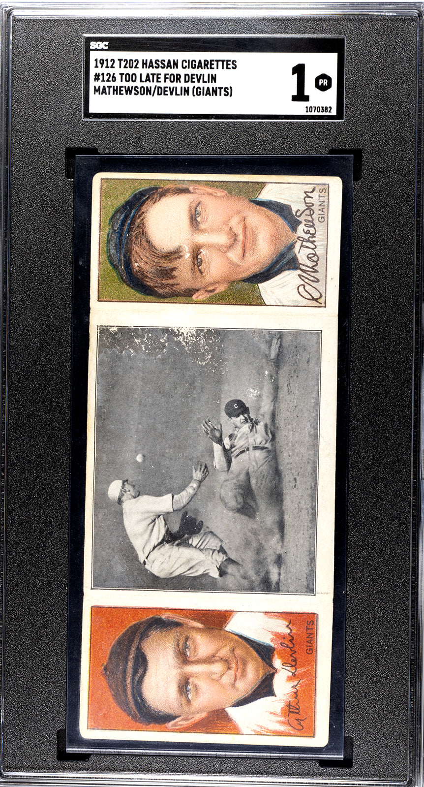 1912 T202 Hassan #126 Christy Mathewson/Arthur Devlin (Giants) "Too Late for Devlin" - SGC 1