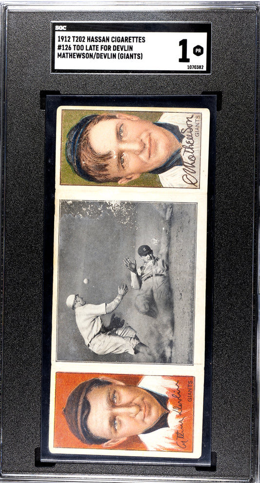 1912 T202 Hassan #126 Christy Mathewson/Arthur Devlin (Giants) "Too Late for Devlin" - SGC 1