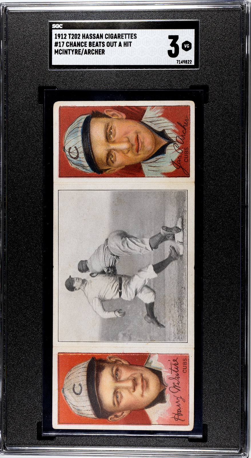1912 T202 Hassan #17 James Archer/Harry McIntire "Chance Beats Out a Hit" - SGC 3