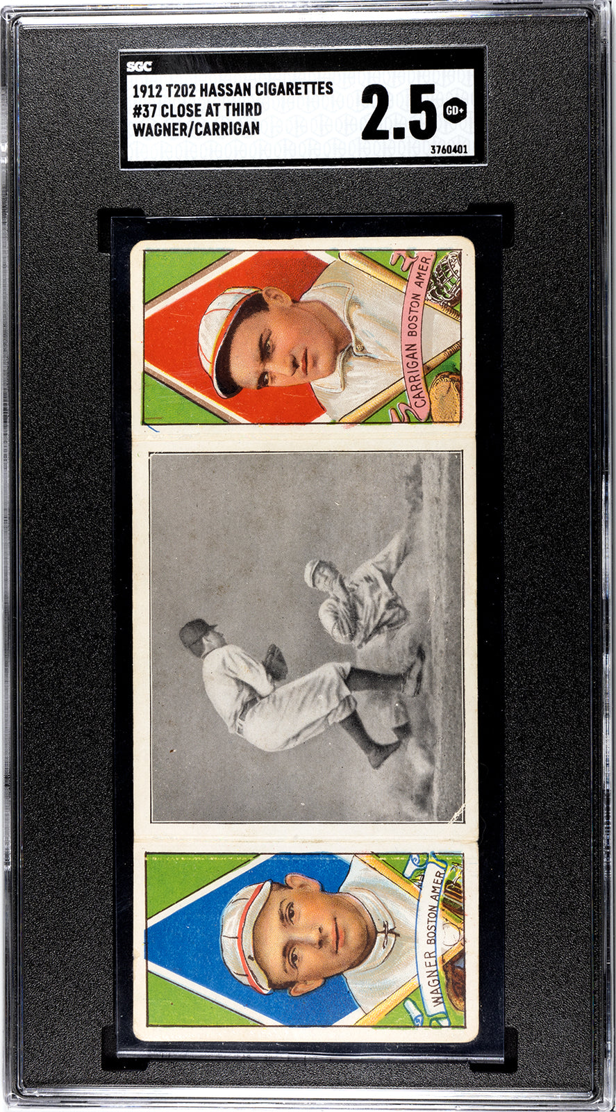 1912 T202 Hassan #37 Charles Wagner/William Carrigan "Close at Third" - SGC 2.5