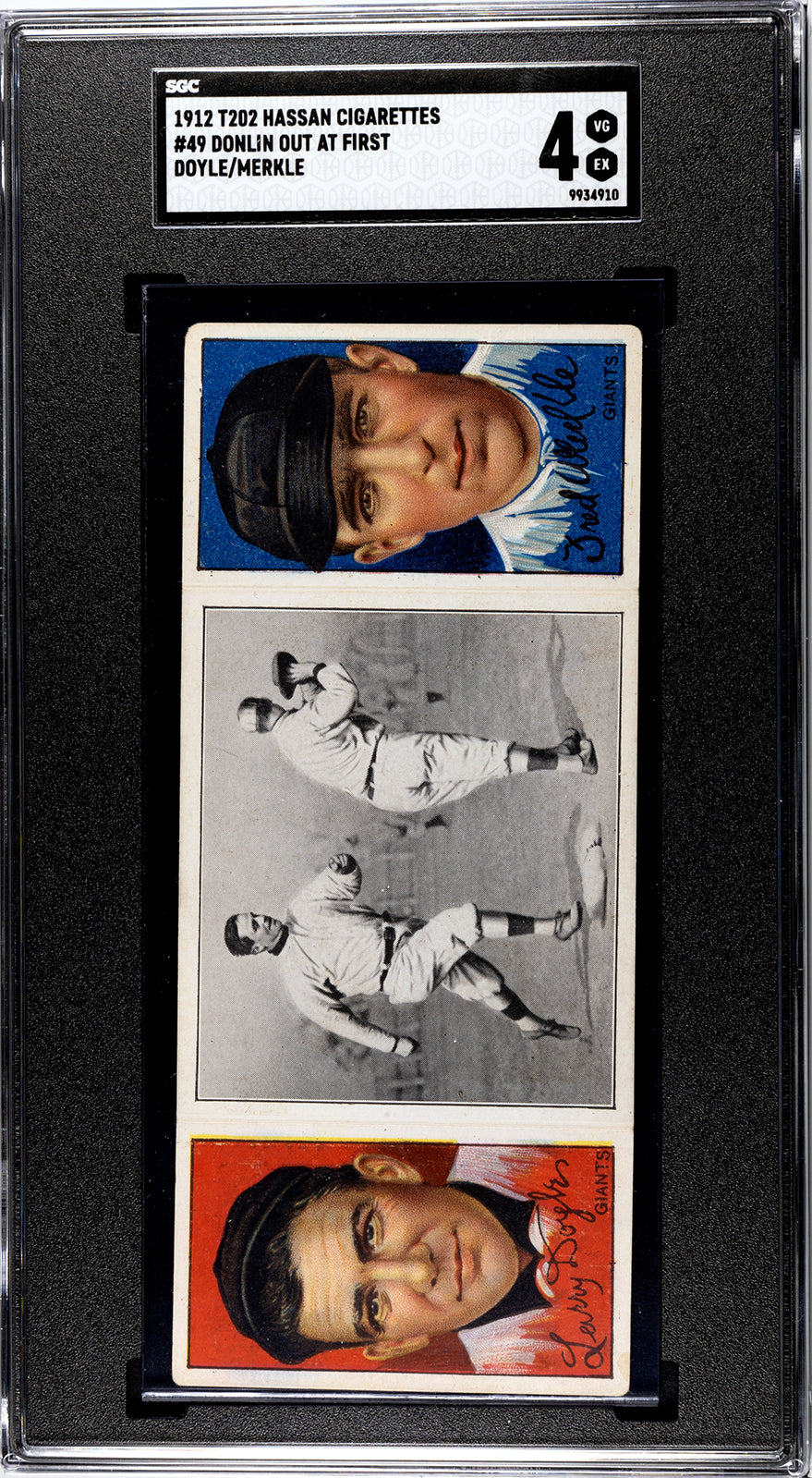 1912 T202 Hassan #49 Fred Merkle/Larry Doyle "Donlin Out at First" - SGC 4