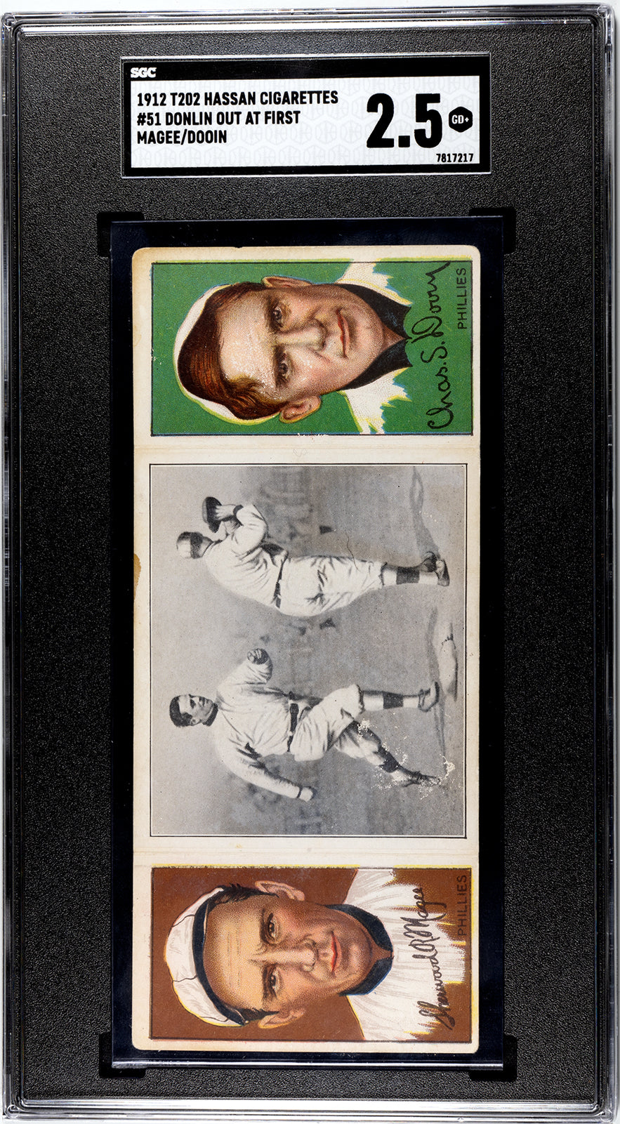 1912 T202 Hassan #51 Charlie Dooin/S.R. Magee "Donlin Out at First" - SGC 2.5