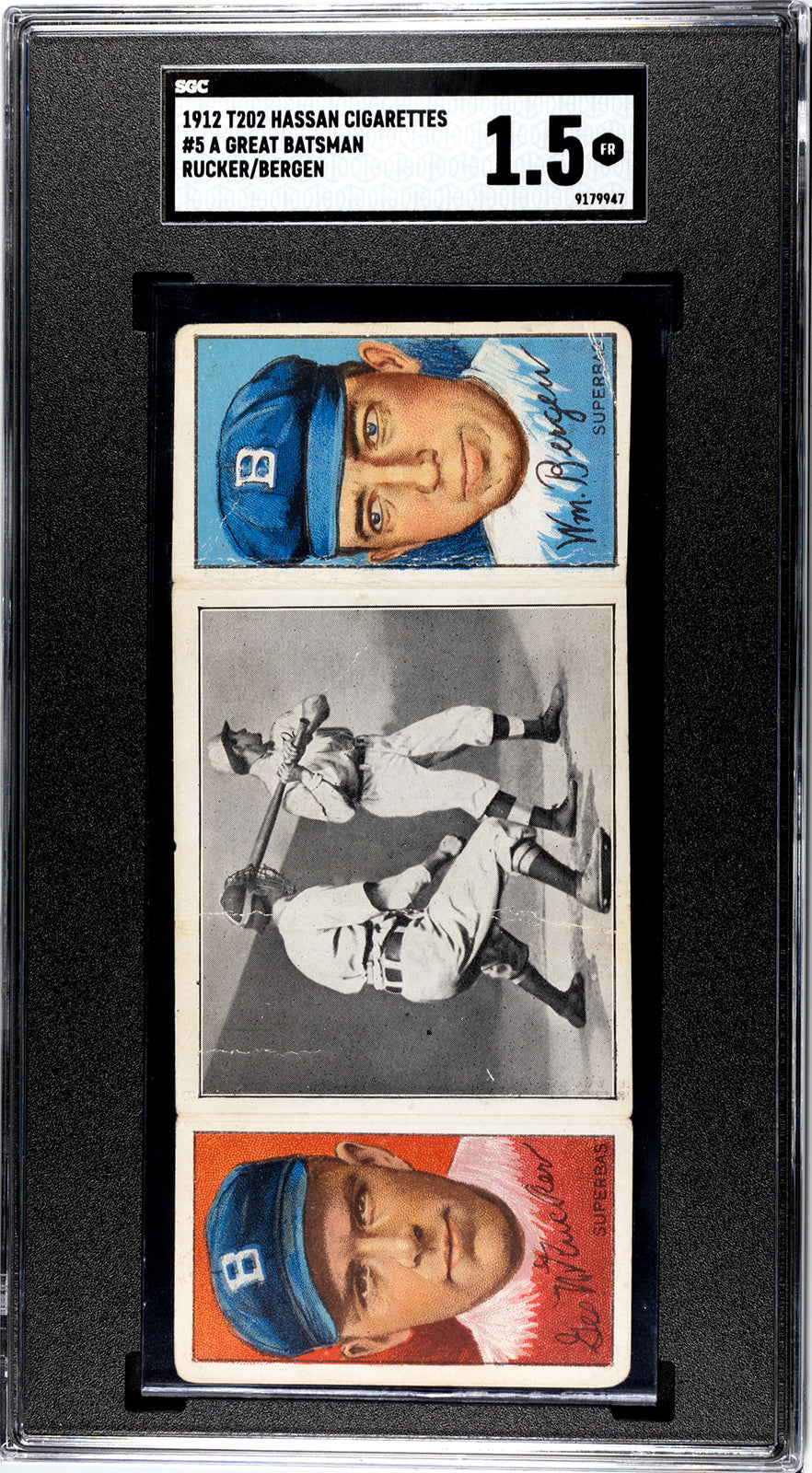 1912 T202 Hassan #5 Nap Rucker/William Bergen "A Great Batsman" (Nap Lajoie) - SGC 1.5