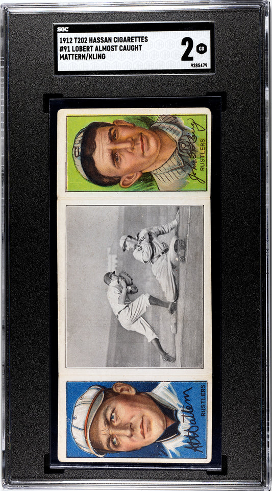 1912 T202 Hassan #91 John Kling/A.A. Mattern "Lobert Almost Caught" - SGC 2