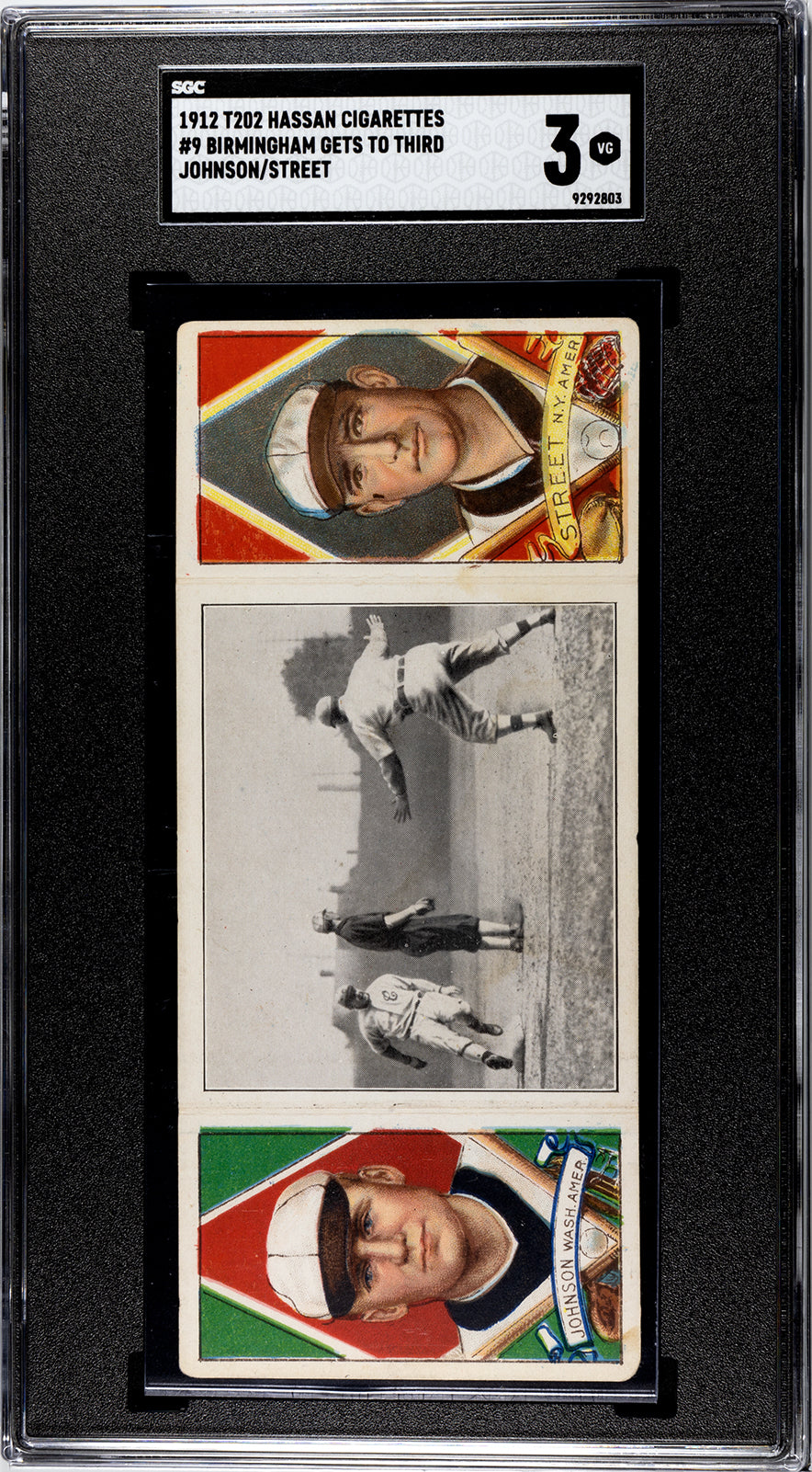1912 T202 Hassan #9 Walter Johnson/Charles Street "Birmingham Gets to Third" - SGC 3